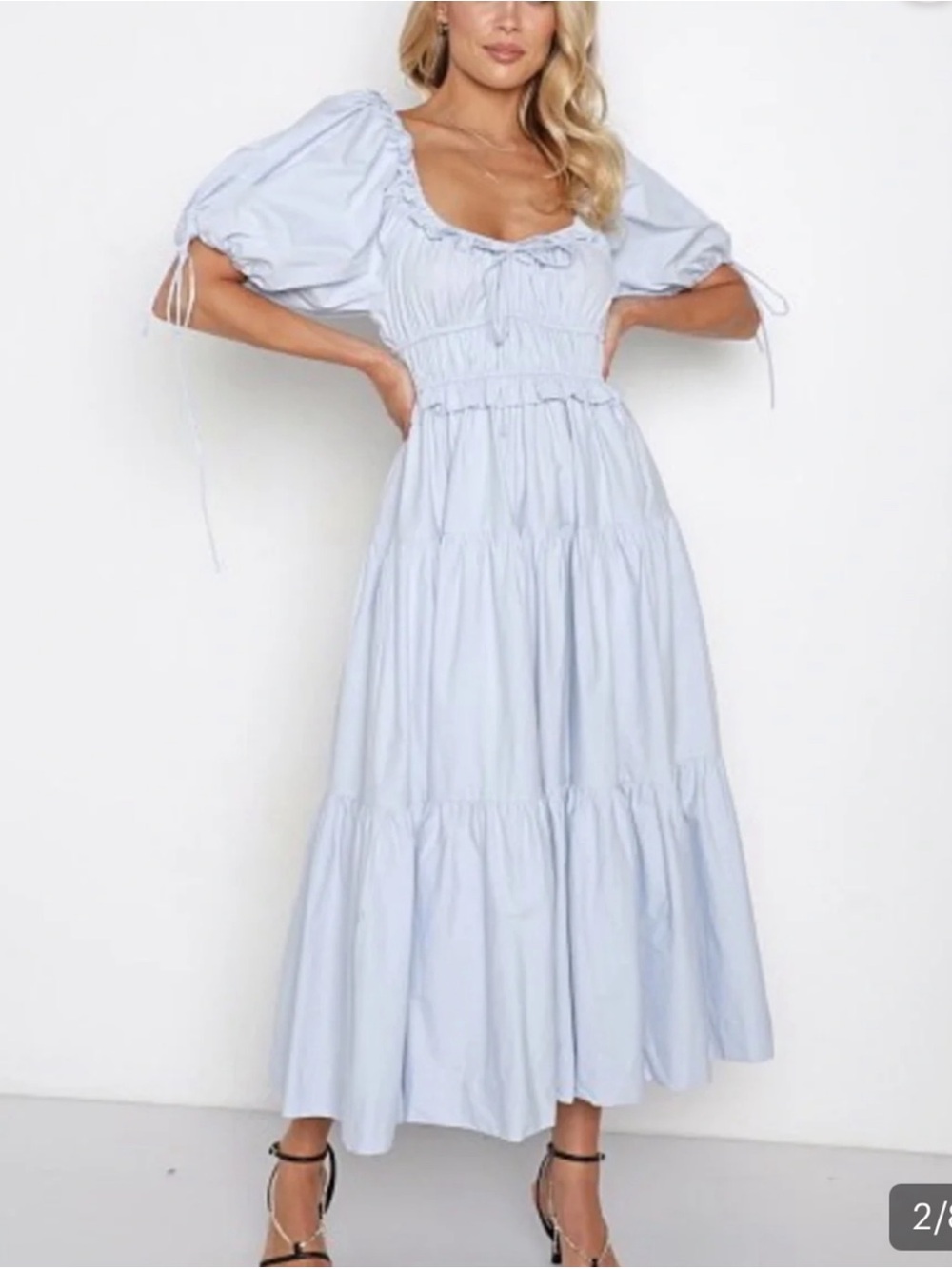 En Saison Poplin Puff-Sleeve Tiered Midi Dress